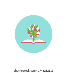 red open book with green tree in blue circle.  Flat icon isolated on white background. Reading icon. Vector illustration. Knowledge, study, education, school or course concept.