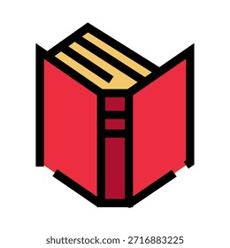 Icono de libro abierto rojo con páginas amarillas y un contorno negro, que simboliza el estudio, la adquisición de conocimiento, el aprendizaje y la literatura en un contexto digital