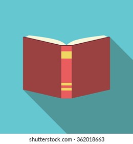 Red open book on blue background, back view. Flat design with long shadow. Education, knowledge, literature, study, learning, reading concept. EPS 8 vector illustration, no transparency