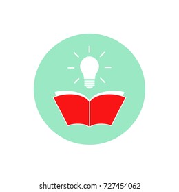 red open book with shining bulb flying out in turquoise circle. Isolated on white background. Flat vector reading icon. Vector illustration. Idea logo. Inspiration pictogram. Power of knowledge sign.
