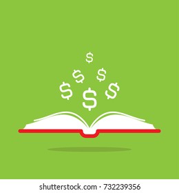 red open book with white dollar signs flying out isolated on green.  Money book business concept. Flat vector illustration. Account book symbol.  Investment ideas. 