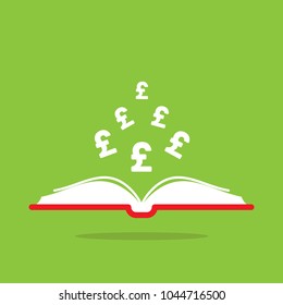 red open book with white pound sterling signs flying out isolated on green.  Money book business concept. Flat vector illustration. Account book symbol.  Investment ideas. 