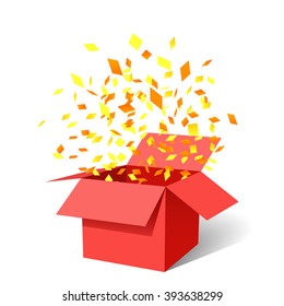 Red open box. Confetti. Vector illustration.