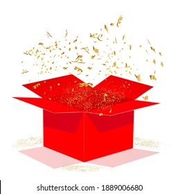 red open box with golden confetti burst vector graphics  illustration