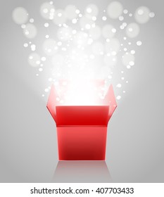 red open box with light rays on grey background. vector illustration