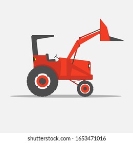 Roter offener Führerhaus-Traktor mit Lader vorne.  Landwirtschafts- oder Bauausrüstung.