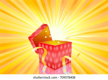 Red open Christmas gift box on yellow light background vector