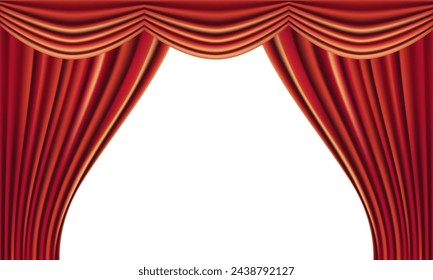 Red open curtain 3D.Opening ceremony.Award ceremony.Banner with copy space.Vector stock illustration.