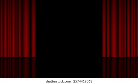 Red open curtain on stage. Concert hall with glossy floor and fabric drapery, awarding or graduation ceremony, standup comedy show banner background. Vector illustration