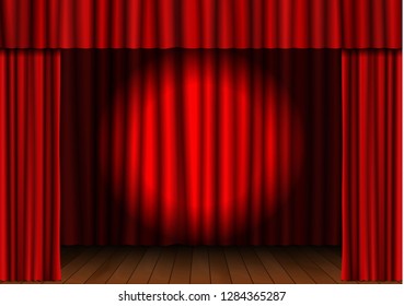 Red open curtain with spotlight and wood floor in theater. Velvet fabric cinema curtain vector. Opened curtains decoration. Dark drama stage background. Vector illustration.