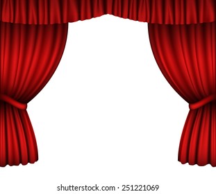 Red open curtains isolated on white
