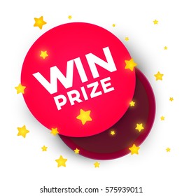 Red open empty round cardboard box isolated on white background with inscription win prize and star. Mockup template for products, package, branding, advertising. Top view. Vector illustration.