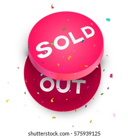 Red open empty round cardboard box isolated on white background with inscription sold out and confetti. Mockup template for products, package, branding, advertising. Top view. Vector illustration.
