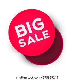 Red open empty round cardboard box isolated on white background with inscription big sale. Mockup template for design products, package, branding, advertising. Top view. Vector illustration.