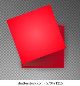 Red open empty squares cardboard box isolated on transparent background. Mockup template for design products, package, branding, advertising. Top view. Vector illustration.