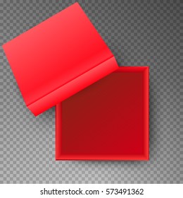 Red open empty squares cardboard box isolated on transparent background. Mockup template for design products, package, branding, advertising. Top view. Vector illustration.