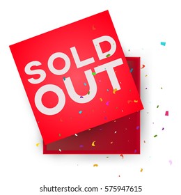 Red open empty squares cardboard box with inscription sold out and confetti on white background. Mockup template for products, package, branding, advertising. Top view. Vector illustration.