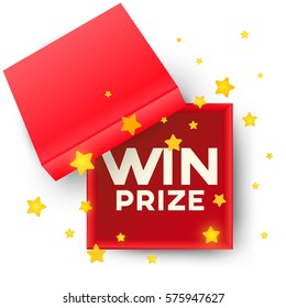 Red open empty squares cardboard box with inscription win prize and stars on white background. Mockup template for products, package, branding, advertising. Top view. Vector illustration.