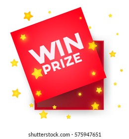 Red open empty squares cardboard box with inscription win prize and stars on white background. Mockup template for products, package, branding, advertising. Top view. Vector illustration.