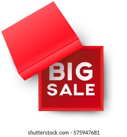 Red open empty squares cardboard box with inscription big sale on white background. Mockup template for products, package, branding, advertising. Top view. Vector illustration.