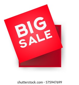 Red open empty squares cardboard box with inscription big sale on white background. Mockup template for products, package, branding, advertising. Top view. Vector illustration.