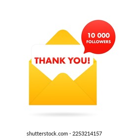 Red open envelope of 10000 followers or friends. Flat design for business, financial marketing, banking advertising, web cartoon concept. Blogger or email post concept. Vector illustration
