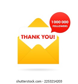 Red open envelope of 1000000 followers or friends. Flat design for business, financial marketing, banking advertising, web cartoon concept. Blogger or email post concept. Vector illustration