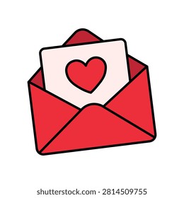 Red open envelope with a romantic heart card inside for Valentine's Day greeting message.