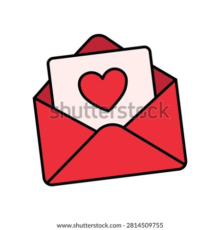 Red open envelope with a romantic heart card inside for Valentine's Day greeting message.
