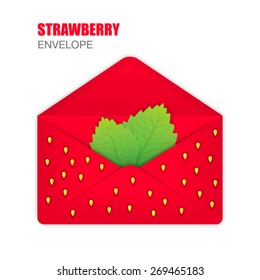 Red Open Envelope with the texture of strawberries, strawberry leaves inside. Template for Your Business. Vector illustration