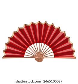 Red open fan, cartoon Chinese and Japanese traditional accessory. Retro handheld paper fan with gold border and wooden sticks, oriental festival decoration mascot, cartoon vector illustration