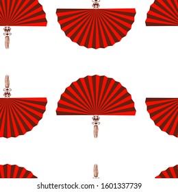 Red open fan on a white background with a beautiful tassel hanging on it. Seamless pattern. Cartoon style. Use as decoration element for banner for Chinese New Year. Vector illustration. EPS 10