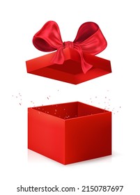Red open gift box. Birthday or Christmas present package. Vector illustration
