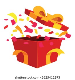 Red open gift box exploding with colorful confetti