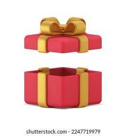 Rojo caja de regalo sorpresa de celebración de vacaciones con tapa abierta icono 3d ilustración vectorial realista. Moda regalo contenedor de cartón decoración premium diseño feliz cumpleaños felicitaciones navideñas