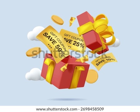 Red open gift box with yellow ribbon, big sale, discount voucher, coins. Holiday shopping and celebration. 3d vector render illustration
