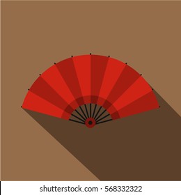 Red open hand fan icon. Flat illustration of red open hand fan vector icon for web on coffee background