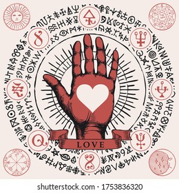 A red open hand and a heart inside in the framing of scribbles imitating ancient hieroglyphs, medieval runes, spiritual symbols written in a circle. Love vector illustration, banner, mascot