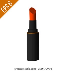 Red open lipstick isolated on white background. Black with gold tube. Lipstick vector illustration. 