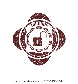 Red open lock icon inside distressed rubber grunge texture stamp