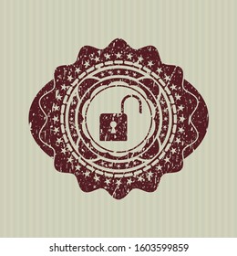 Red open lock icon inside rubber grunge texture seal
