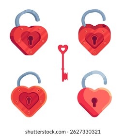 Red open locks in the shape of hearts with a key for them. Stylized illustration of love locks with key.