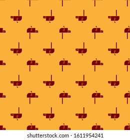 Red Open mail box icon isolated seamless pattern on brown background. Mailbox icon. Mail postbox on pole with flag.  Vector Illustration
