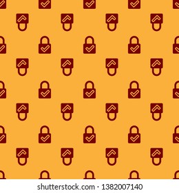 Red Open padlock and check mark icon isolated seamless pattern on brown background. Cyber security concept. Digital data protection. Safety safety. Vector Illustration