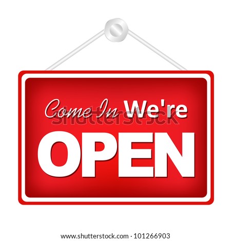 Red Open Sign Hanging, Isolated On White Background, Vector Illustration