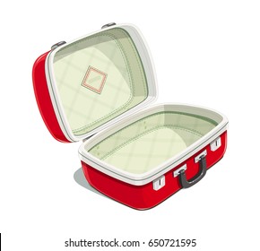 Red open suitcase for travel. Voyage case. Journey bag. Accessories packing clothes. Isolated white background. Vector illustration.