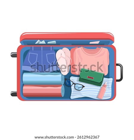 A red, open suitcase with women's clothes, isolated on a white background.Vector illustration of a suitcase, top view for summer travel designs.