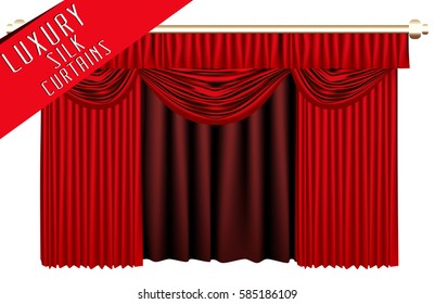 Red open theater curtain. Vector Illustration.