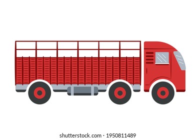 Red open top transport truck. Flat vector illustration. Suitable for registration of articles, on websites, for infographics and organizations for cargo transportation 
