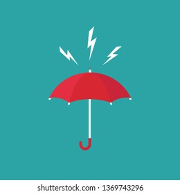 Red open Umbrella with lightnings or thunderbolts. Flat icon isolated on blue. Flat design. Vector illustration. Rain protection symbol. Rainy weather sign. Happy mood, luck, safety